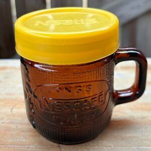 Vintage Nescafé Amber Brown Glass Mug with Yellow Nestle Lid Size 8oz